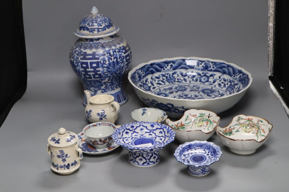 A group of Asian ceramics including a Kangxi blue and white cup and a pair of Chinese enamelled oval scalloped shaped dishes, 26cm (11)